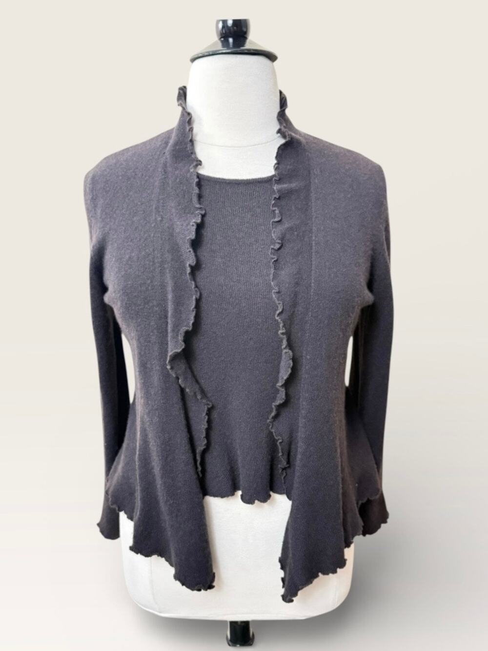 Doncaster Brown Cashmere Twin Set, Shell & Cardi with Rolled Hem Ruffle, Size L